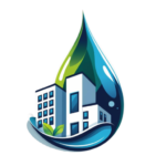 Goutte d'eau avec bâtiments dans les tons bleus, blancs et verts, représentant le logo de l'entreprise bretonne de nettoyage Façades Atlantic.