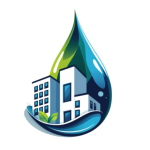 Goutte d'eau avec bâtiments dans les tons bleus, blancs et verts, représentant le logo de l'entreprise bretonne de nettoyage Façades Atlantic.